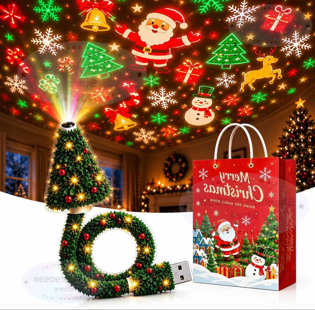 2027Christmas Projector Light, Plug and Play USB Xmas Night Light with 6 Patterns
