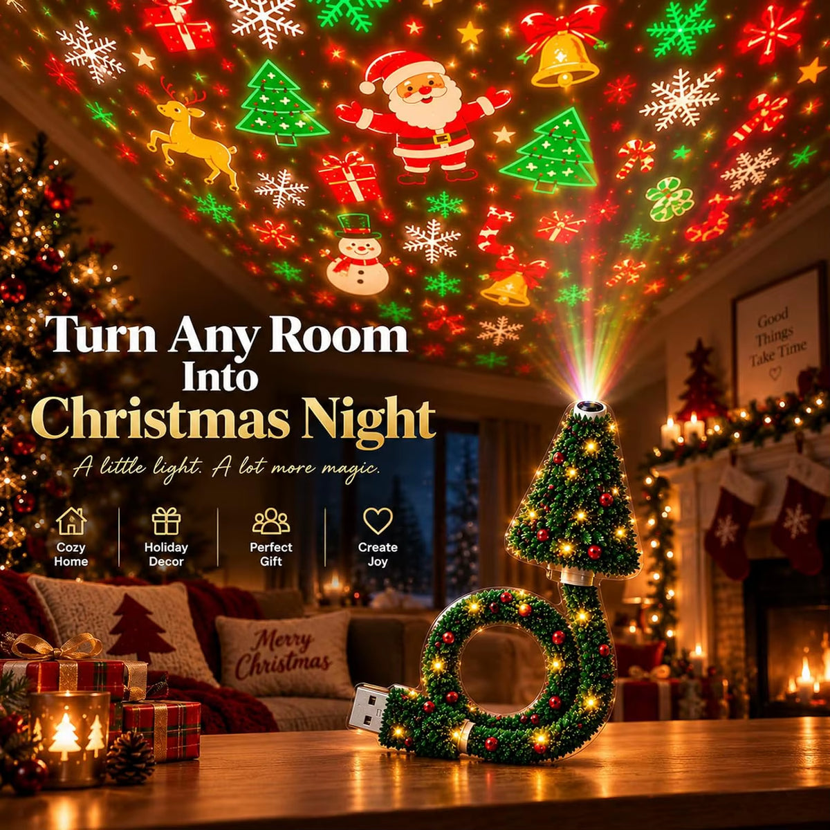 2027Christmas Projector Light, Plug and Play USB Xmas Night Light with 6 Patterns
