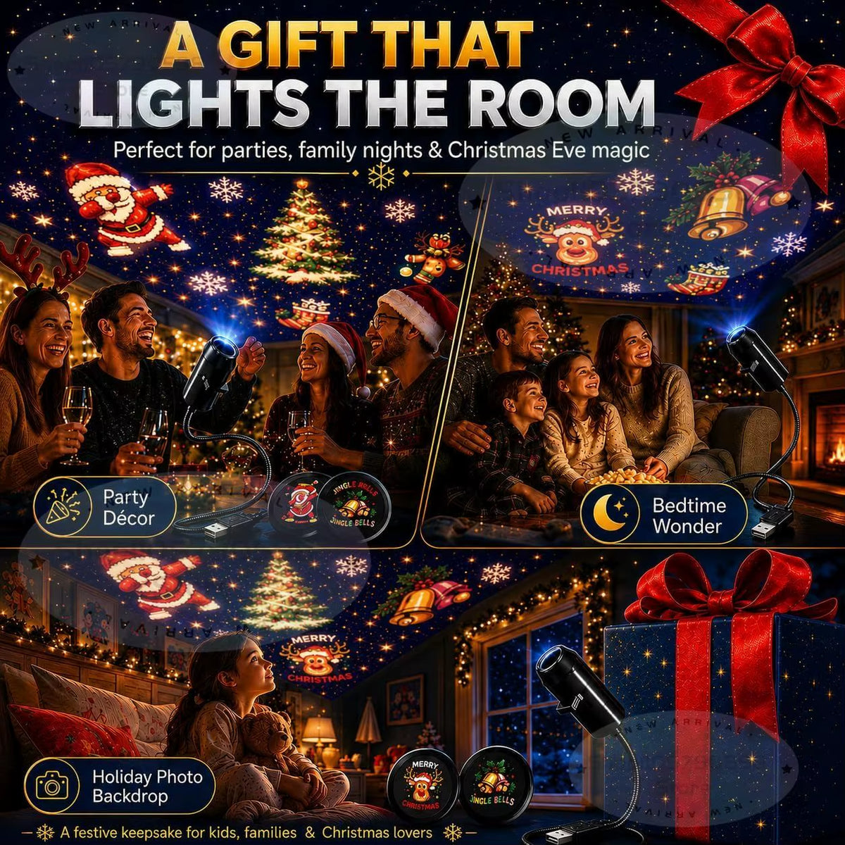 2027Christmas Projector Light, Plug and Play USB Xmas Night Light with 6 Patterns